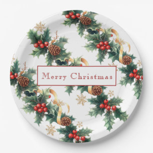 Assiettes En Carton Houx de Noël Baies Rouges Cônes de Pin Ruban Doré
