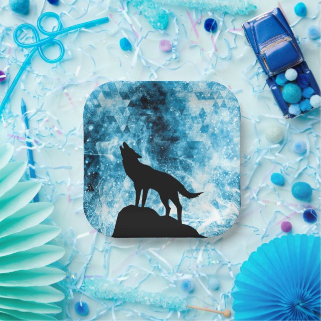 Assiettes En Carton Howling Wolf Hiver neige bleue fumée Abstraite (Fête)
