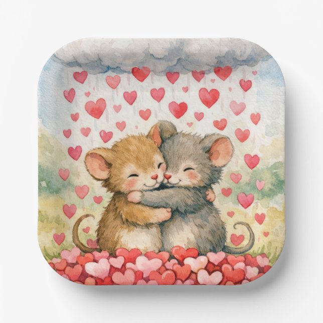 Assiettes En Carton Hugging Mice Under a Cloud of Hearts (Recto)