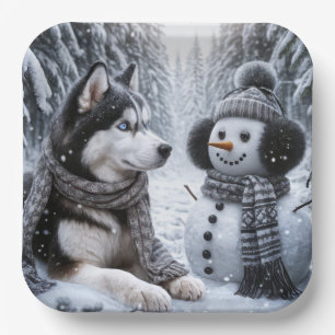 Assiettes En Carton Husky et Snowman dans les bois d'hiver