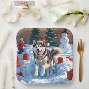 Assiettes En Carton Husky sibérien courant dans la neige avec un chape