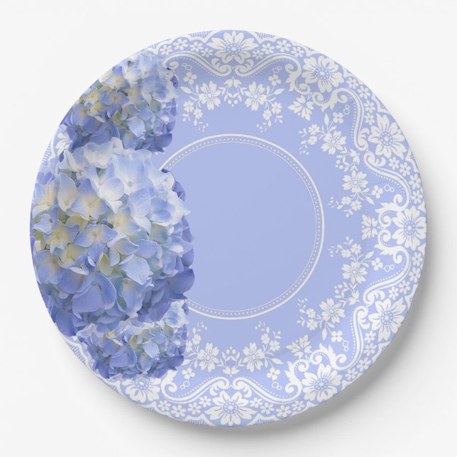 Assiettes En Carton Hydrangea Bleu Dentelle Blanche Mariage Réception (Devant)