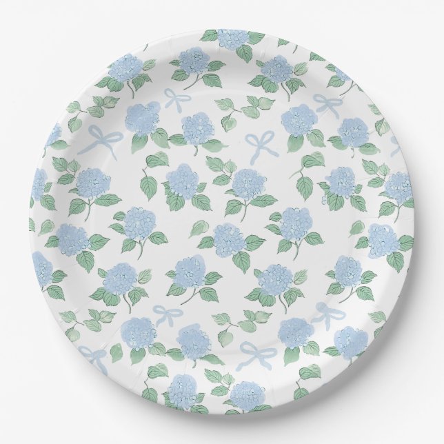 Assiettes En Carton Hydrangea Bleu Tendance et Rubans (Devant)