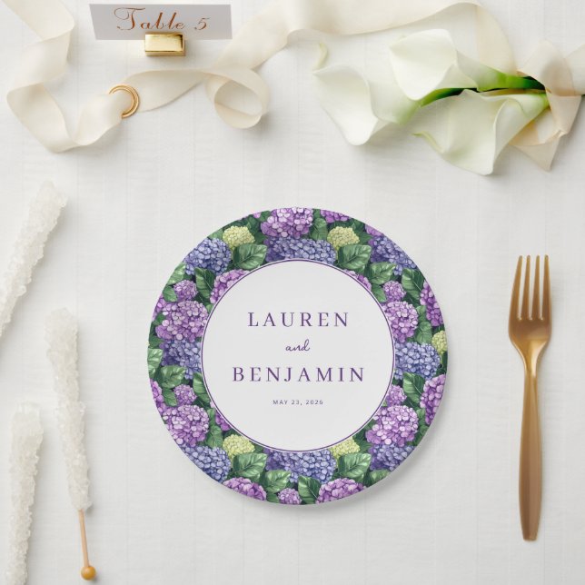 Assiettes En Carton Hydrangea Floral Violet Romantique (Mariage)