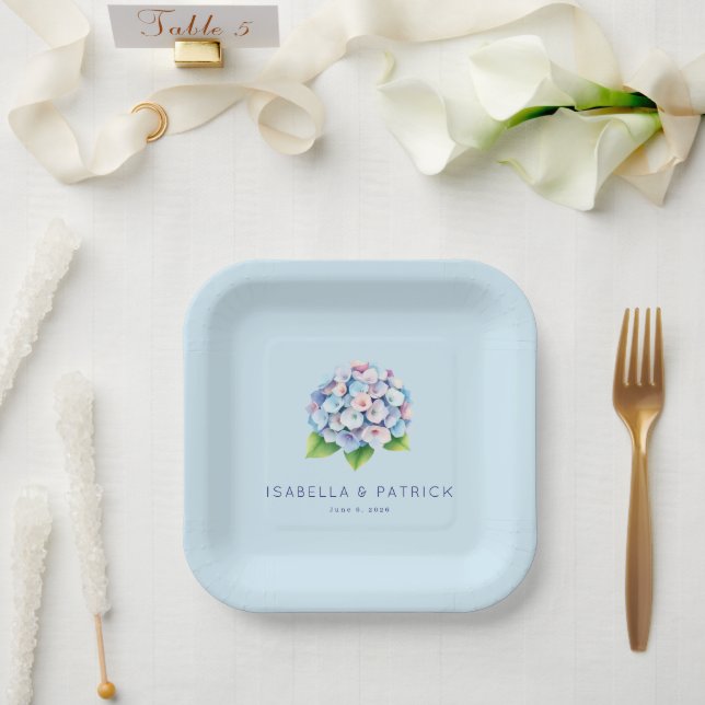 Assiettes En Carton Hydrangea Florale Bleue Romantique (Mariage)