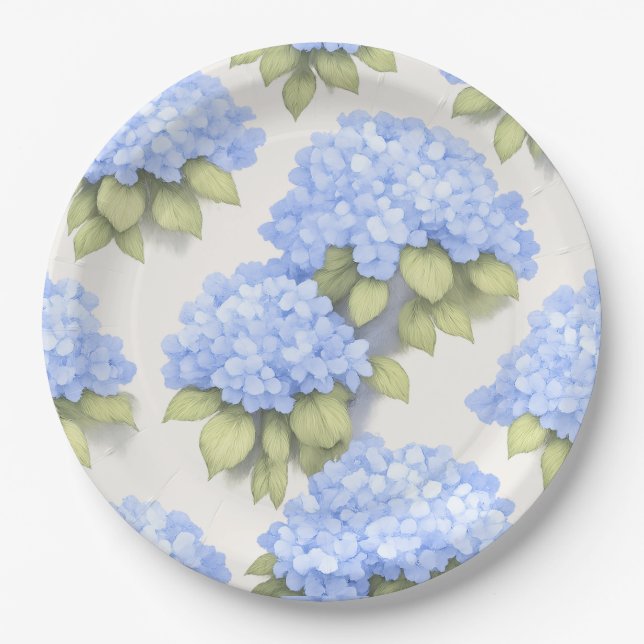 Assiettes En Carton Hydrangea Plates | Elegant Ivory Blue Floral Party (Devant)