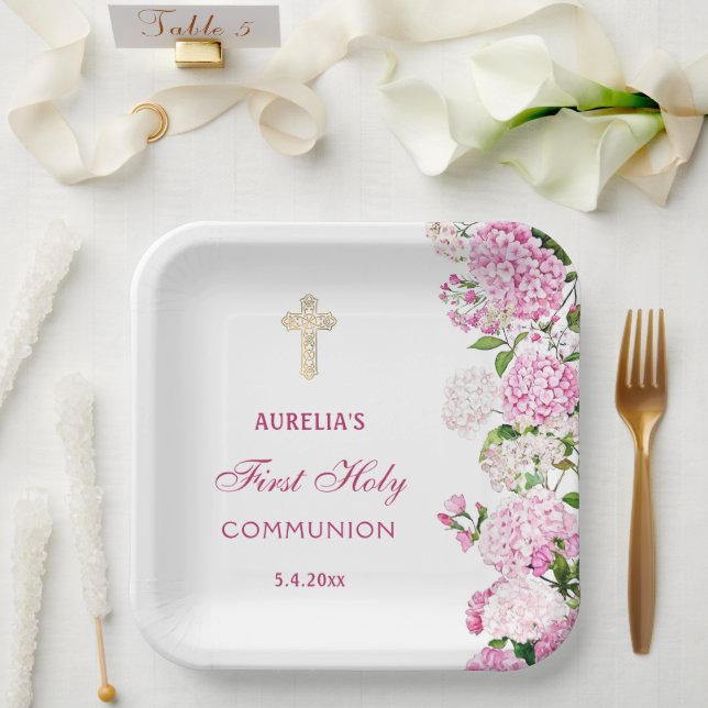 Assiettes En Carton Hydrangea rose Première Communion (Mariage)