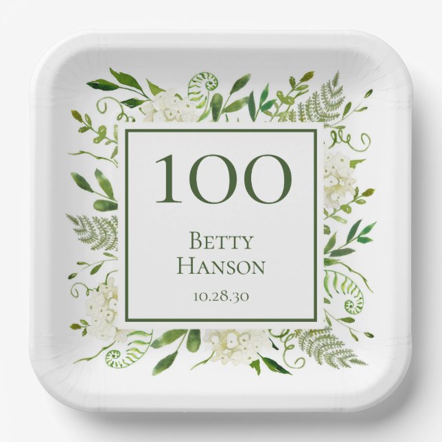Assiettes En Carton Hydrangeas blancs pour 100e anniversaire (Recto)