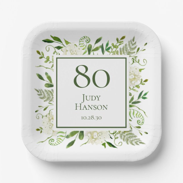 Assiettes En Carton Hydrangeas blancs pour 80e anniversaire (Recto)