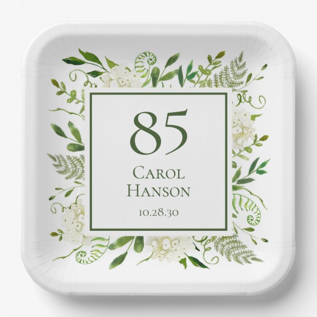 Assiettes En Carton Hydrangeas blancs pour 85e anniversaire (Recto)