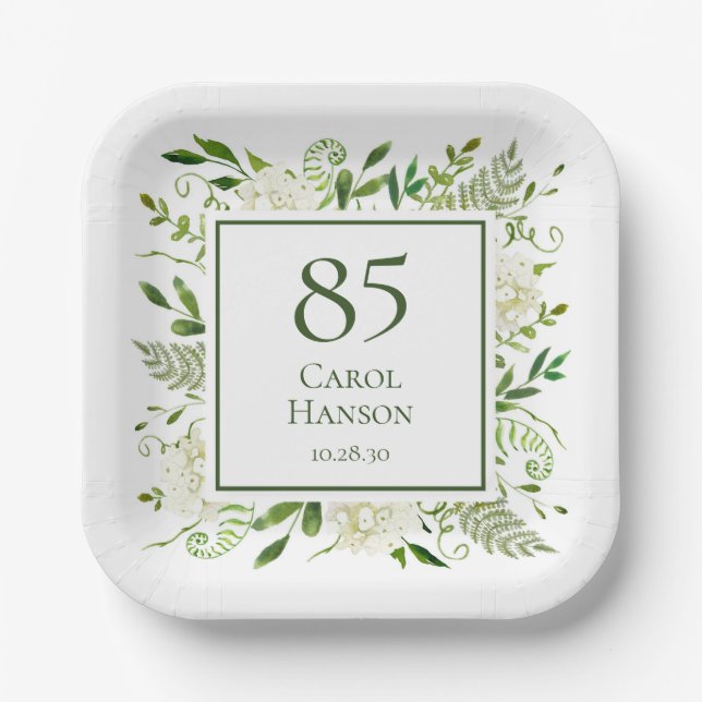 Assiettes En Carton Hydrangeas blancs pour 85e anniversaire (Recto)
