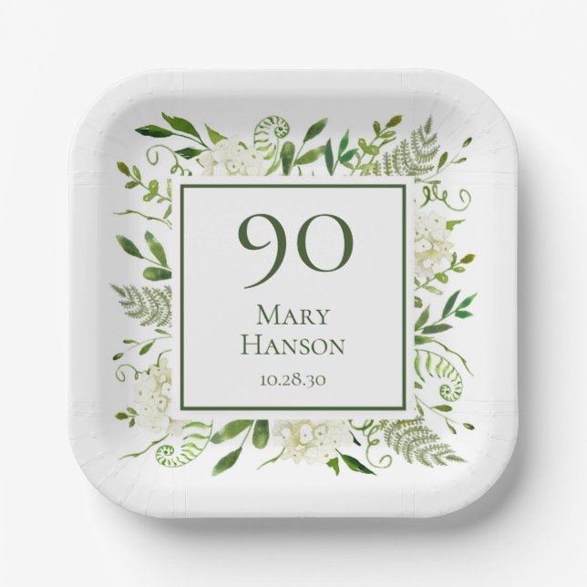 Assiettes En Carton Hydrangeas blancs pour 90e anniversaire (Recto)