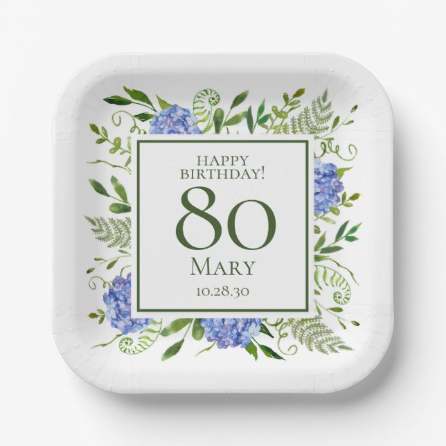 Assiettes En Carton Hydrangeas bleues pour 80e anniversaire (Recto)