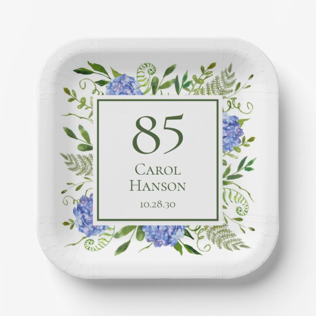Assiettes En Carton Hydrangeas bleues pour 85e anniversaire (Recto)
