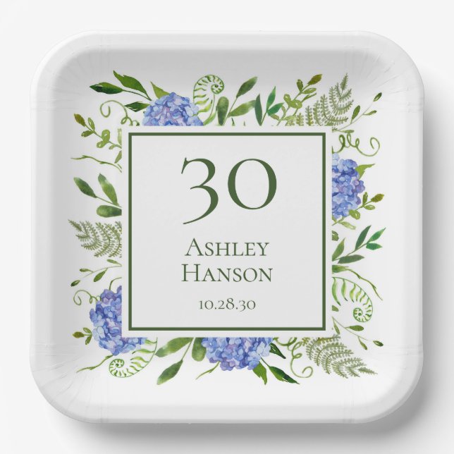 Assiettes En Carton Hydrangeas bleus pour 30e anniversaire (Recto)