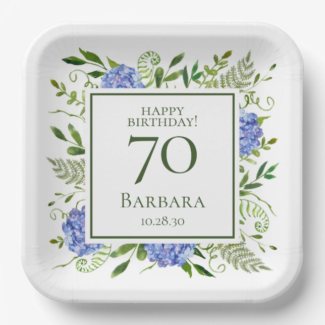 Assiettes En Carton Hydrangeas bleus pour 70e anniversaire (Recto)