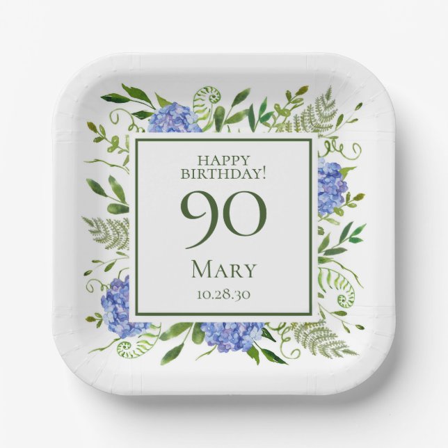 Assiettes En Carton Hydrangeas bleus pour 90e anniversaire (Recto)