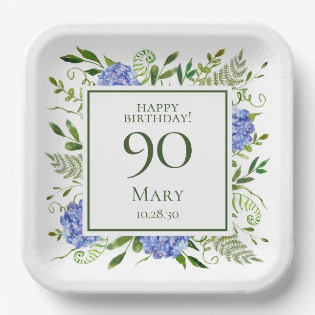 Assiettes En Carton Hydrangeas bleus pour 90e anniversaire (Recto)