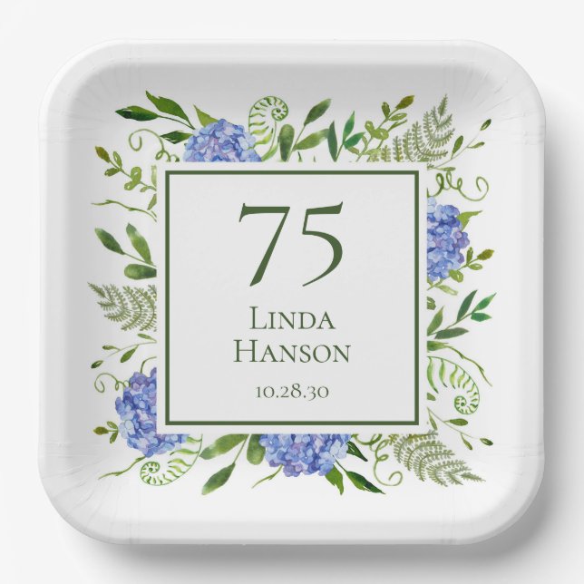 Assiettes En Carton Hydrangeas Bleus pour les 75 ans (Recto)