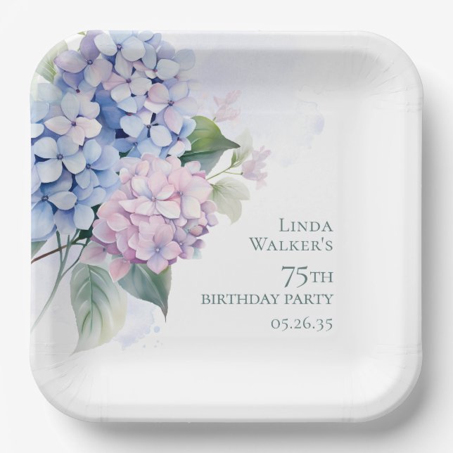 Assiettes En Carton Hydrangeas Bleus Roses 75e Anniversaire (Recto)