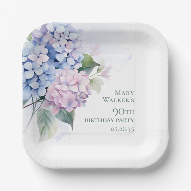 Assiettes En Carton Hydrangeas Bleus Roses 90e Anniversaire (Recto)