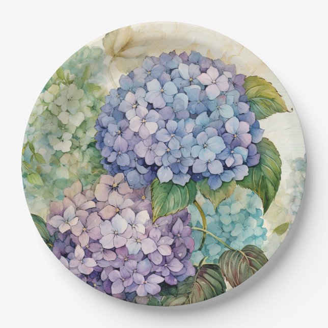 Assiettes En Carton Hydrangeas colorés  (Devant)