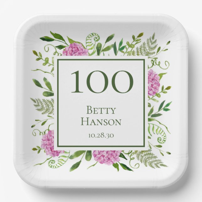 Assiettes En Carton Hydrangeas roses pour 100e anniversaire (Recto)