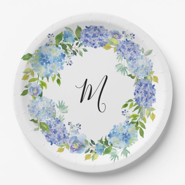 Assiettes En Carton Hydrangée bleue Aquarelle Monogramme floral (Devant)