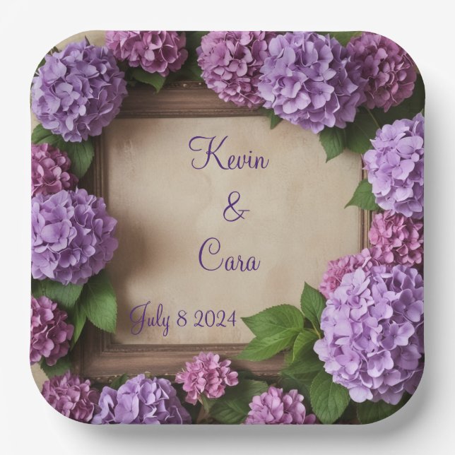 Assiettes En Carton Hydrangées violettes et roses (Recto)
