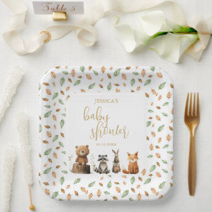 Assiettes En Carton hydrocouleur neutre baby shower animal Woodland