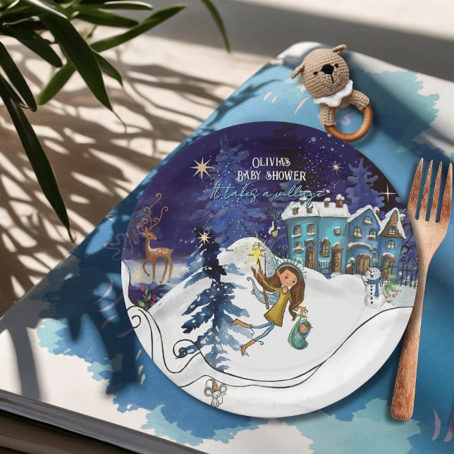 Assiettes En Carton Ice Blue Winter Village Baby Shower | Swirl Frame (Ice Blue Winter Village Baby Shower  Swirl Frame Paper Plates)