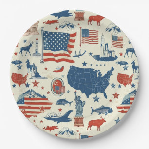 Assiettes En Carton Icônes patriotiques - Statue de la Liberté, Drapea