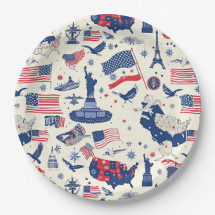 Assiettes En Carton Icônes patriotiques - Statue de la Liberté, Drapea