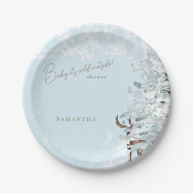 Assiettes En Carton Icy Blue Woodland Baby il fait froid dehors (Devant)