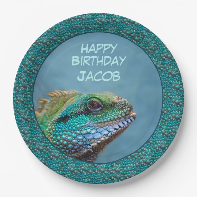 Assiettes En Carton Iguana Joyeux Anniversaire Vert, Bleu, Turquoise (Devant)