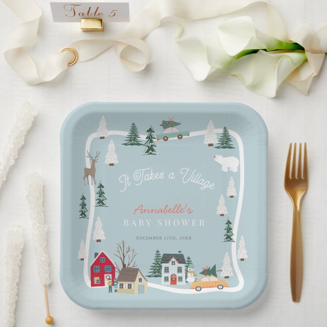 Assiettes En Carton Il Faut Un Baby shower Village Vacances Bleu (Mariage)
