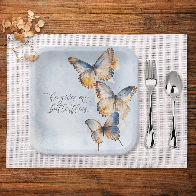 Assiettes En Carton Il Me Donne Des Papillons Bleu Fête des mariées Mo (Créateur téléchargé)