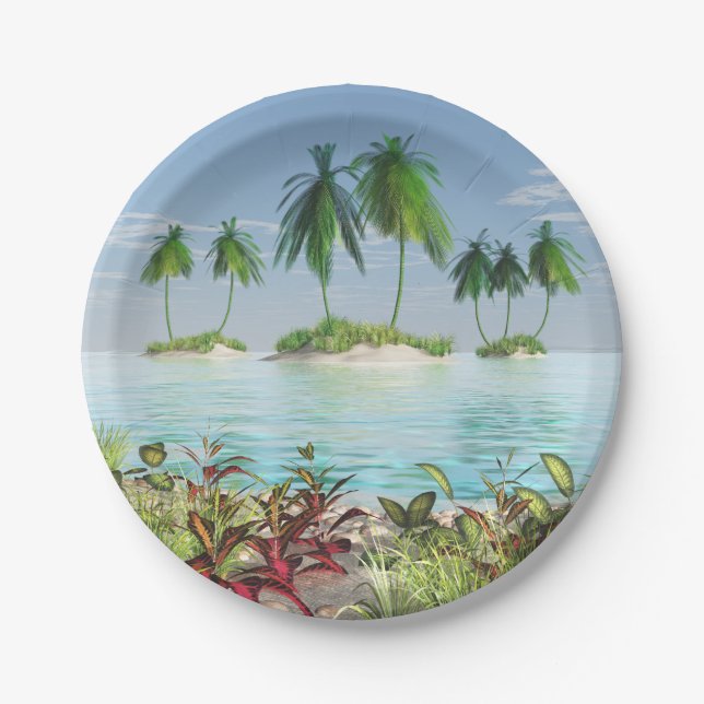 Assiettes En Carton îles tropicales de palmier de la plage 3D (Devant)