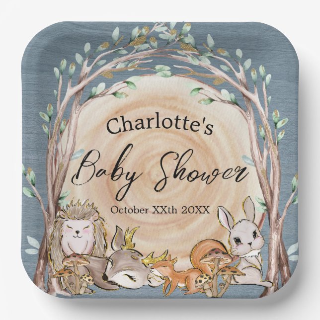 Assiettes En Carton Illustration Baby shower des animaux forestiers (Recto)