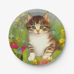 Assiettes En Carton Illustration de chat souriant vintage