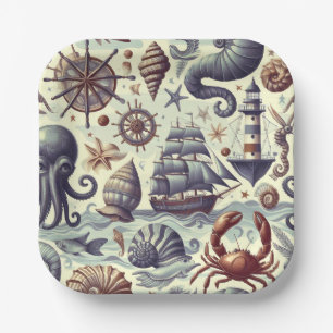 Assiettes En Carton Illustration de la Vie marine nautique vintage
