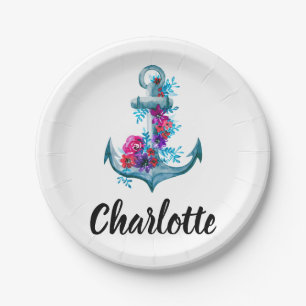 Assiettes En Carton Illustration de l'Ancre florale d'aquarelle modern