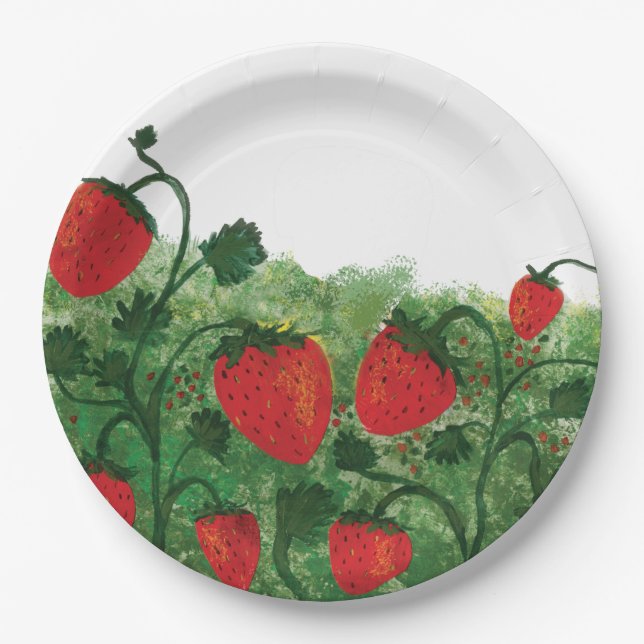Assiettes En Carton Illustration de l'aquarelle du champ de fraises (Devant)