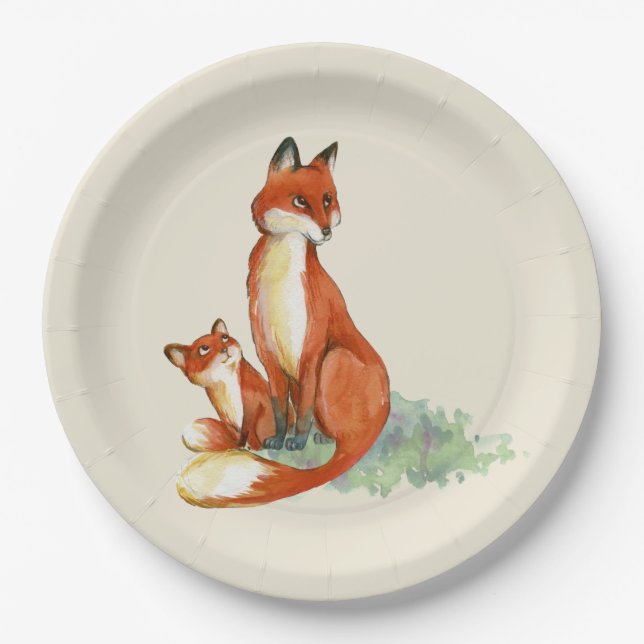 Assiettes En Carton Illustration de l'aquarelle Momma Fox et Baby (Devant)