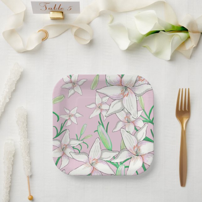 Assiettes En Carton Illustration de Lys blancs rose (Mariage)