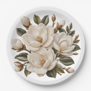 Assiettes En Carton Illustration de magnolia blanche brodée en faux 3D