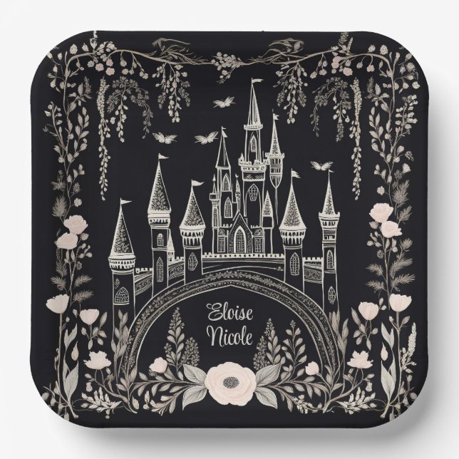 Assiettes En Carton Illustration du château de Fairytale noir et blanc (Recto)