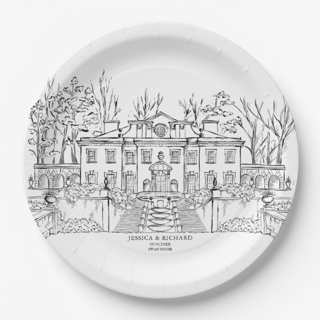 Assiettes En Carton Illustration du château du lieu à la main élégante (Devant)