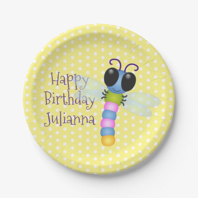 Assiettes En Carton Illustration d'une libellule bleu et rose (Devant)