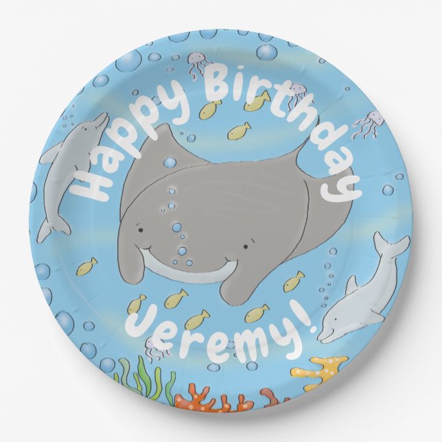 Assiettes En Carton Illustration d'une mignonne raie manta et de bulle (Devant)